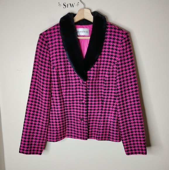 VTG Danny & Nicole Pink Houndstooth Blazer Faux-Fur Shawl Collar Sz 14 Clueless - Picture 3 of 11